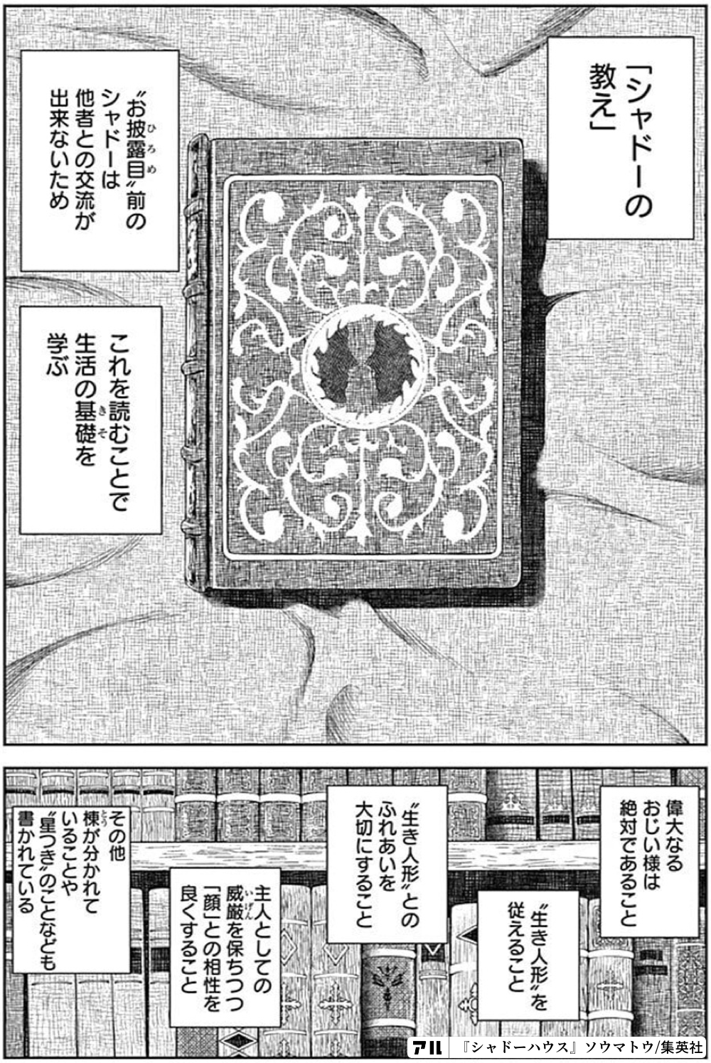 シャドーの教え お披露目 前のシャドーは他者との交流が出来ないため これを読むことで生活の基礎を学ぶ 偉大なるおじい様は絶対であること 生き人形 を従えること 生き人形 とのふれあいを大切にすること 主人としての威厳を保ちつつ 顔 との相性を良くすること