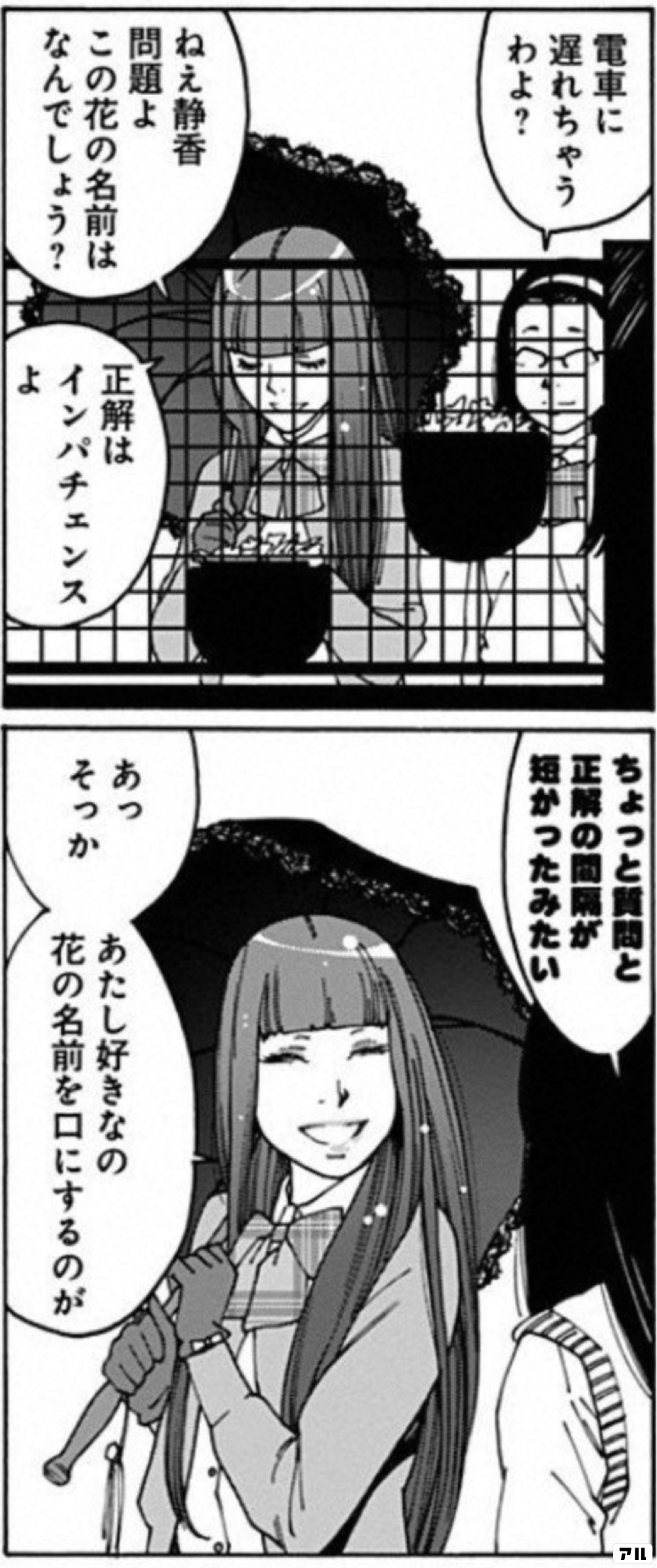 電車に遅れちゃうわよ ねえ静香 問題よ この花の名前はなんでしょう 正解はインパチェンスよ ちょっと質問と正解の間隔が短かったみたい あっそっか あたし好きなの 花の名前を口にするのが オトメの帝国 アル