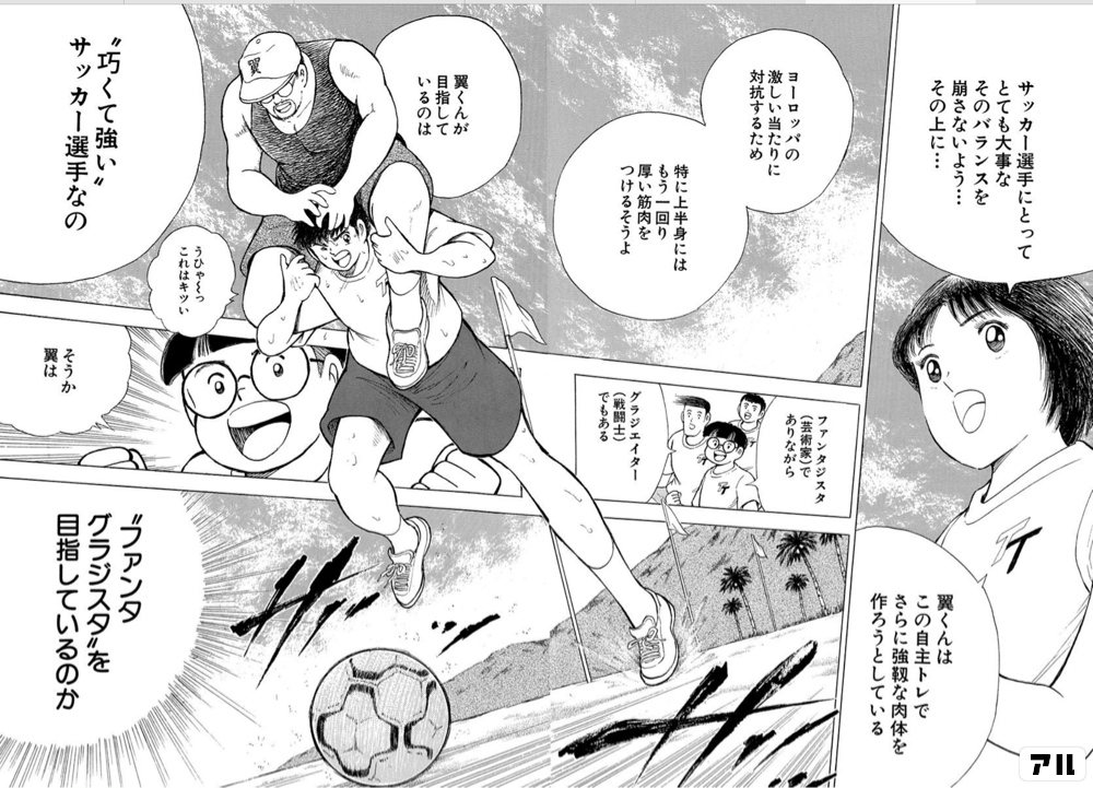 サッカー選手にとって とても大事なそのバランスを 崩さないよう その上に 翼くんはこの自主トレで さらに強靭な肉体を 作ろうとしている ヨーロッパの激しい当たりに対抗するため 特に上半身には もう一回り厚い筋肉を つけるそうよ 翼くんが目指しているのは 巧くて