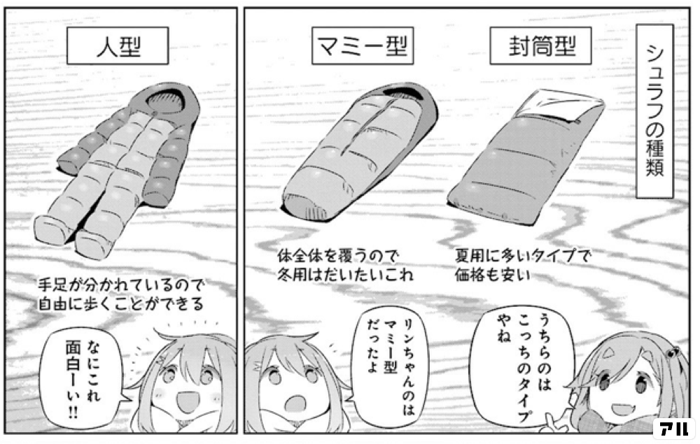 シュラフの種類 封筒型 夏用に多いタイプで 価格も安い マミー型 体全体を覆うので 冬用はだいたいこれ 人型 手足が分かれているので 自由に歩くことができる うちらは こっちのタイプやね リンちゃんのは マミー型だったよ なにこれ 面白ーい ゆるキャン アル