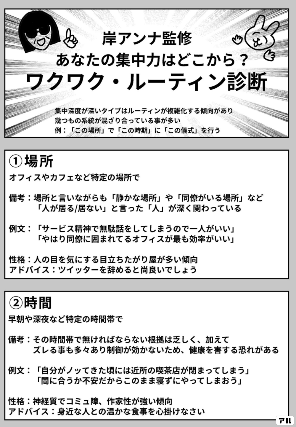 岸アンナ監修 あなたの集中力はどこから ワクワク ルーティン診断 集中深度が深いタイプは ルーティンが複雑化する傾向があり 幾つもの系統が混ざり合っている事が多い 例 この場所 で この時期 に この儀式 を行う 場所 オフィスやカフェなど特定の場所で