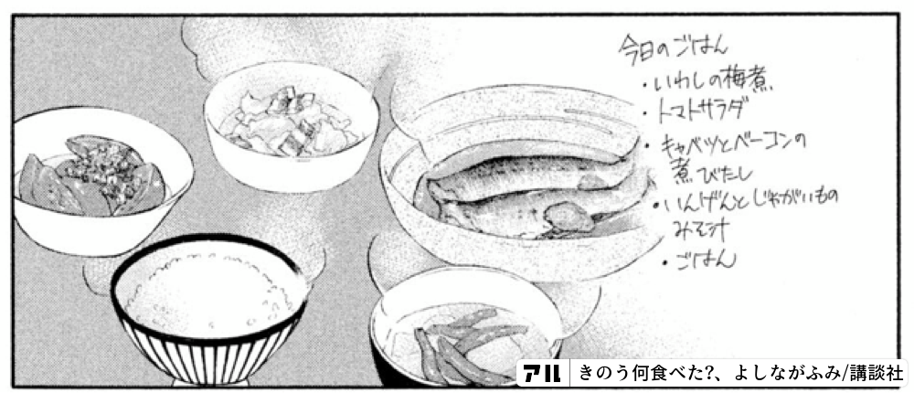 今日のはん いれしの梅煮 トマトサラダキャバツとペーコンの気びたしんhe じゃがもの きのう何食べた アル