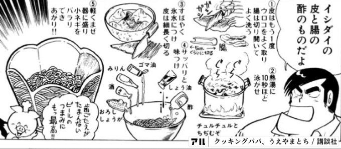 4 M まサくらいにるみりんチュルチュルとちちむぞイシダイの皮と腸の酢のものだよ皮はもう1度ワロコをよく取りは切り開いて2秒ほどモすばやくoサッパリと氷水につけ 味つけ度は細長く切る器に盛り小ネギを1 26あがリ クッキングパパ アル