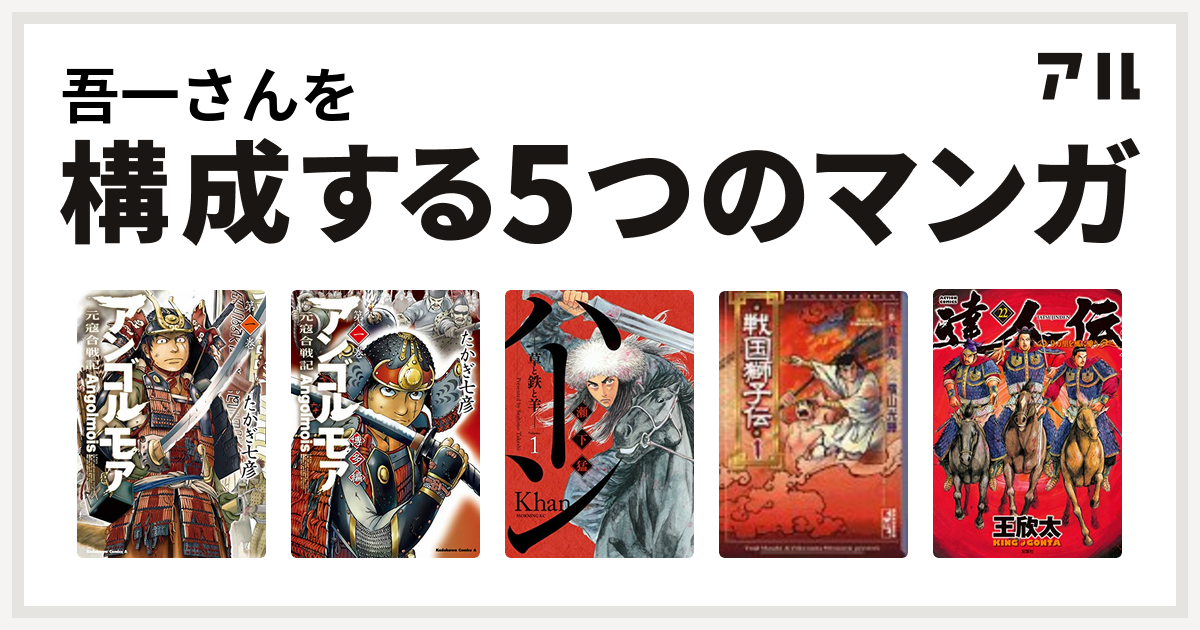 吾一さんを構成するマンガはアンゴルモア 元寇合戦記 アンゴルモア 元寇合戦記 博多編 ハーン 草と鉄と羊 戦国獅子伝 達人伝 9万里を風に乗り 私を構成する5つのマンガ アル