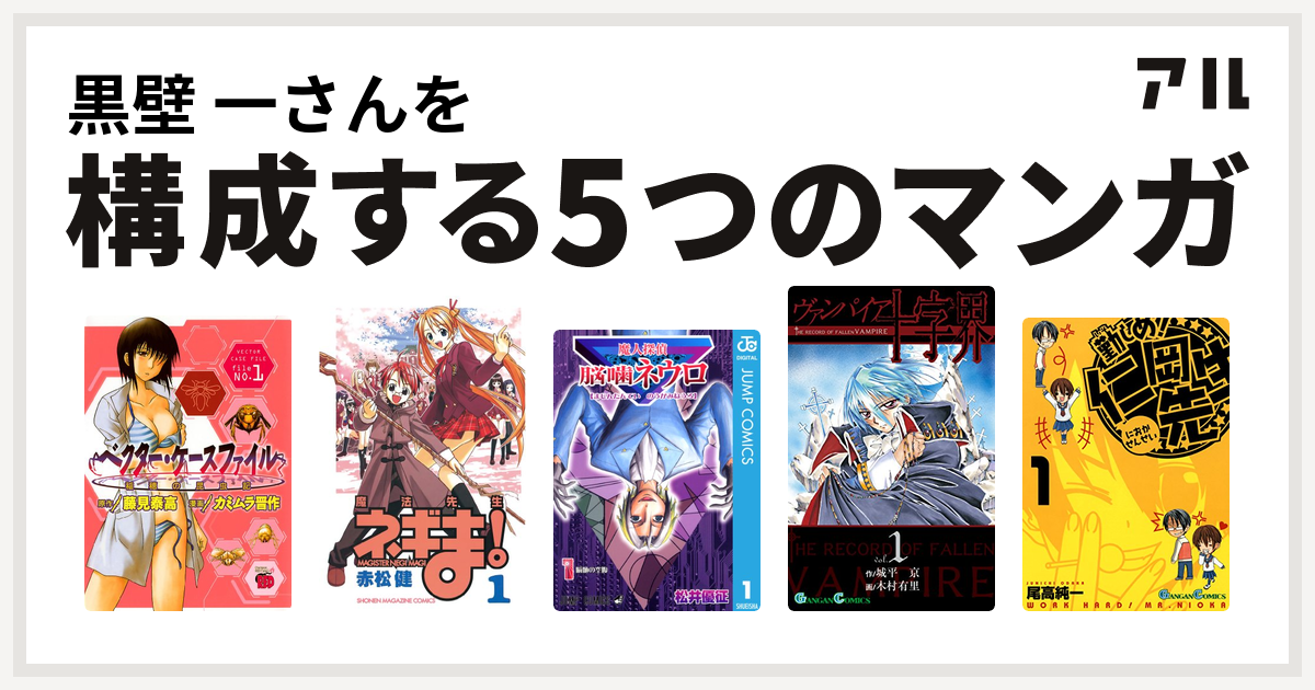 黒壁 一さんを構成するマンガはベクター ケースファイル 稲穂の昆虫記 魔法先生ネギま 魔人探偵脳噛ネウロ ヴァンパイア十字界 勤しめ 仁岡先生 私を構成する5つのマンガ アル