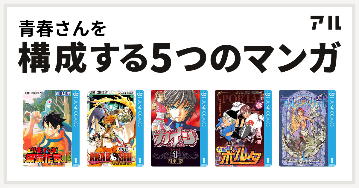 青春さんを構成するマンガはツギハギ漂流作家 Akaboshi 異聞水滸伝 カイン 大泥棒ポルタ Blue Dragon ラルwグラド 私を構成する5つのマンガ アル