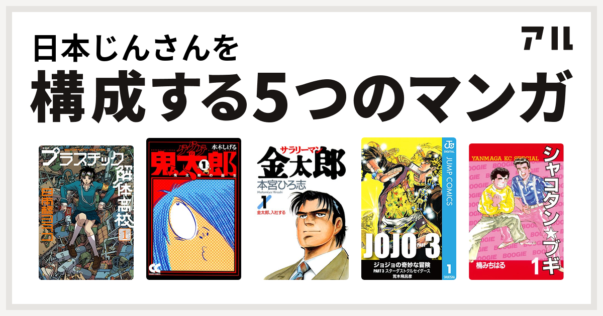 日本じんさんを構成するマンガは新装版 プラスチック解体高校 ゲゲゲの鬼太郎 サラリーマン金太郎 ジョジョの奇妙な冒険 第3部 シャコタン ブギ 私を構成する5つのマンガ アル