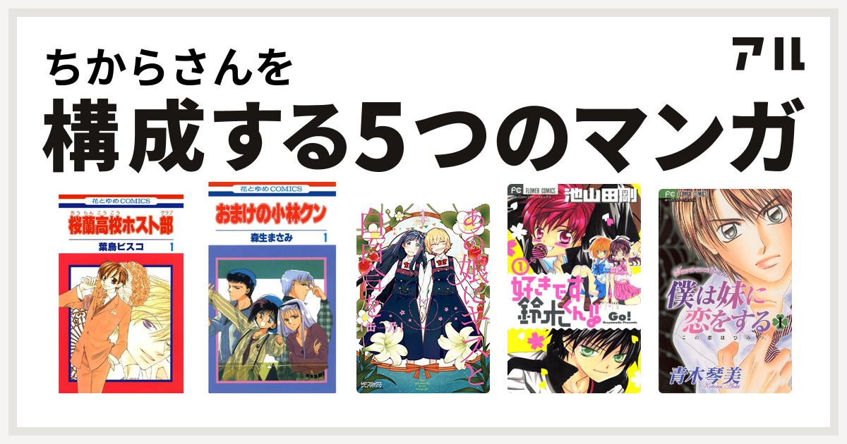 ちからさんを構成するマンガは桜蘭高校ホスト部 おまけの小林クン あの娘にキスと白百合を 好きです鈴木くん 僕は妹に恋をする 私を構成する5つのマンガ アル