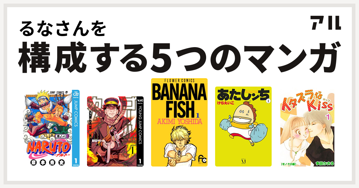 るなさんを構成するマンガはnaruto ナルト ゴールデンカムイ Banana Fish あたしンち イタズラなkiss 私を構成する5つのマンガ アル