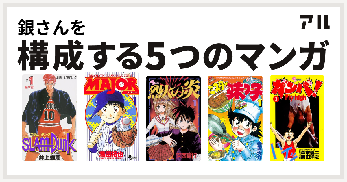 銀さんを構成するマンガはslam Dunk スラムダンク Major 烈火の炎 ミスター味っ子 ガンバ Fly High 私を構成する5つの マンガ アル