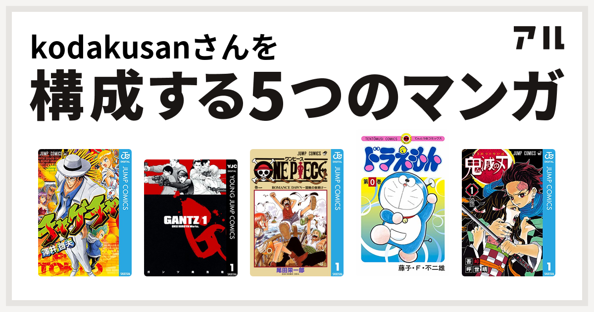 Kodakusanさんを構成するマンガはチャゲチャ Gantz One Piece ドラえもん 鬼滅の刃 私を構成する5つのマンガ アル