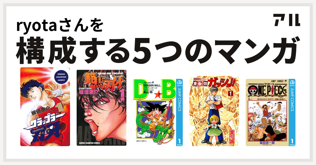 Ryotaさんを構成するマンガはグラップラー刃牙 範馬刃牙 ドラゴンボール 金色のガッシュ One Piece 私を構成する5つのマンガ アル