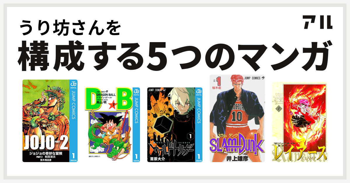 うり坊さんを構成するマンガはジョジョの奇妙な冒険 第2部 ドラゴンボール ワールドトリガー Slam Dunk スラムダンク 魔法騎士レイアース 私を構成する5つのマンガ アル