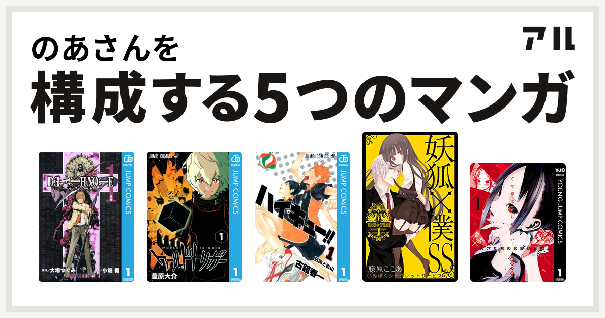 のあさんを構成するマンガはdeath Note ワールドトリガー ハイキュー 妖狐 僕ss かぐや様は告らせたい 天才たちの恋愛頭脳戦 私を構成する5つのマンガ アル