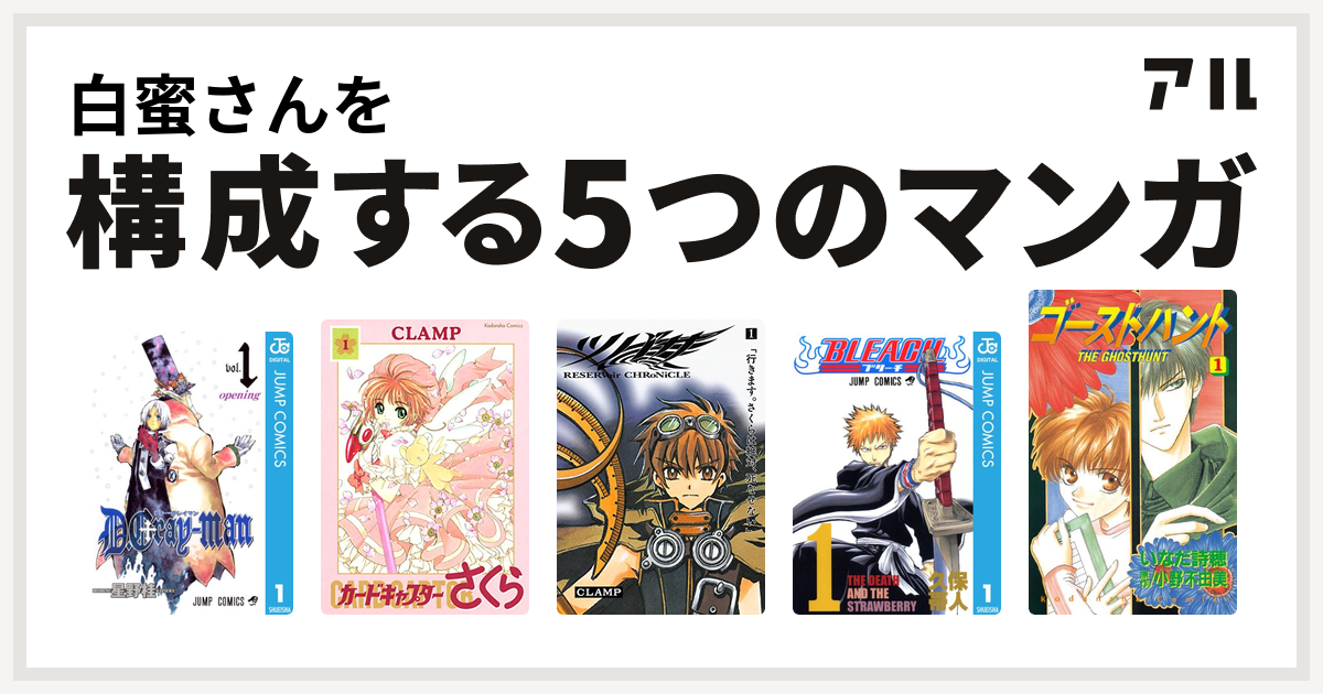 白蜜さんを構成するマンガはD.Gray-man
カードキャプターさくら
ツバサ
BLEACH
ゴーストハント！