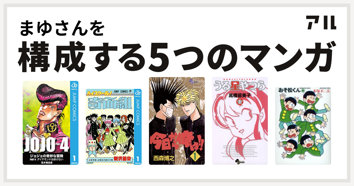 まゆさんを構成するマンガはジョジョの奇妙な冒険 第4部 ハイスクール 奇面組 今日から俺は うる星やつら おそ松くん 私を構成する5つのマンガ アル