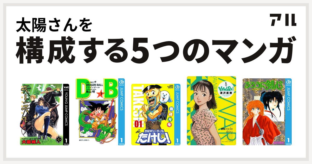 太陽さんを構成するマンガは天上天下 ドラゴンボール 世紀末リーダー伝たけし Yawara るろうに剣心 明治剣客浪漫譚 私を構成する5つのマンガ アル