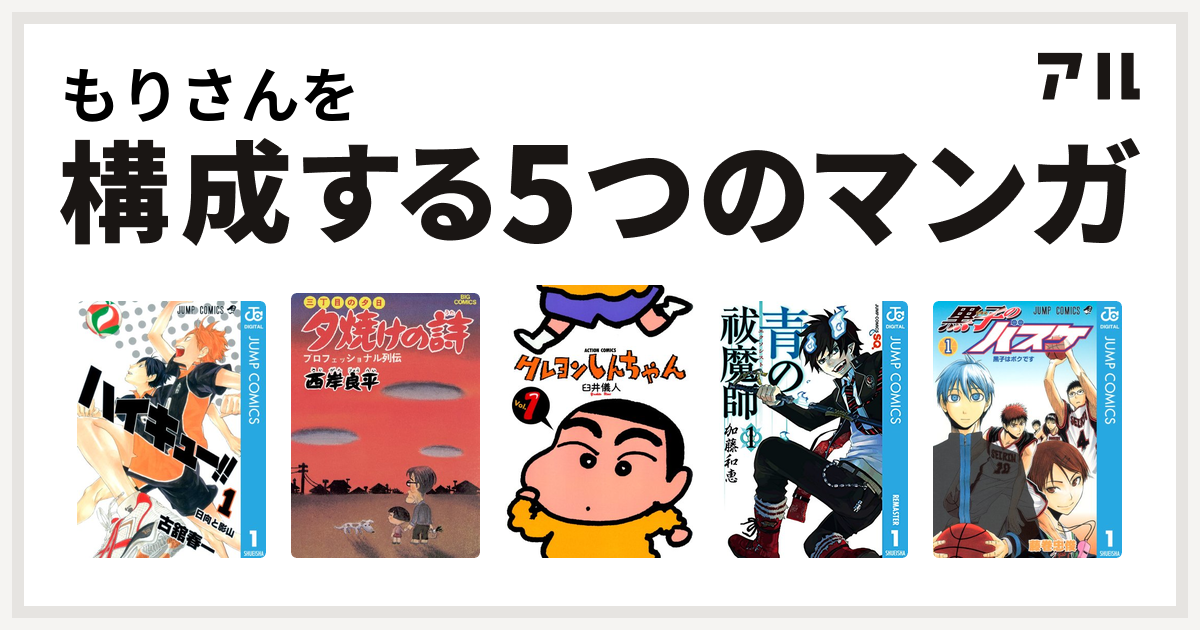 もりさんを構成するマンガはハイキュー 三丁目の夕日 夕焼けの詩 クレヨンしんちゃん 青の祓魔師 黒子のバスケ 私を構成する5つのマンガ アル