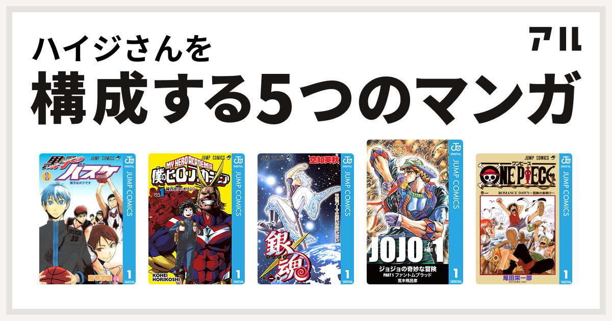 ハイジさんを構成するマンガは黒子のバスケ 僕のヒーローアカデミア 銀魂 One Piece 私を構成する5つのマンガ アル