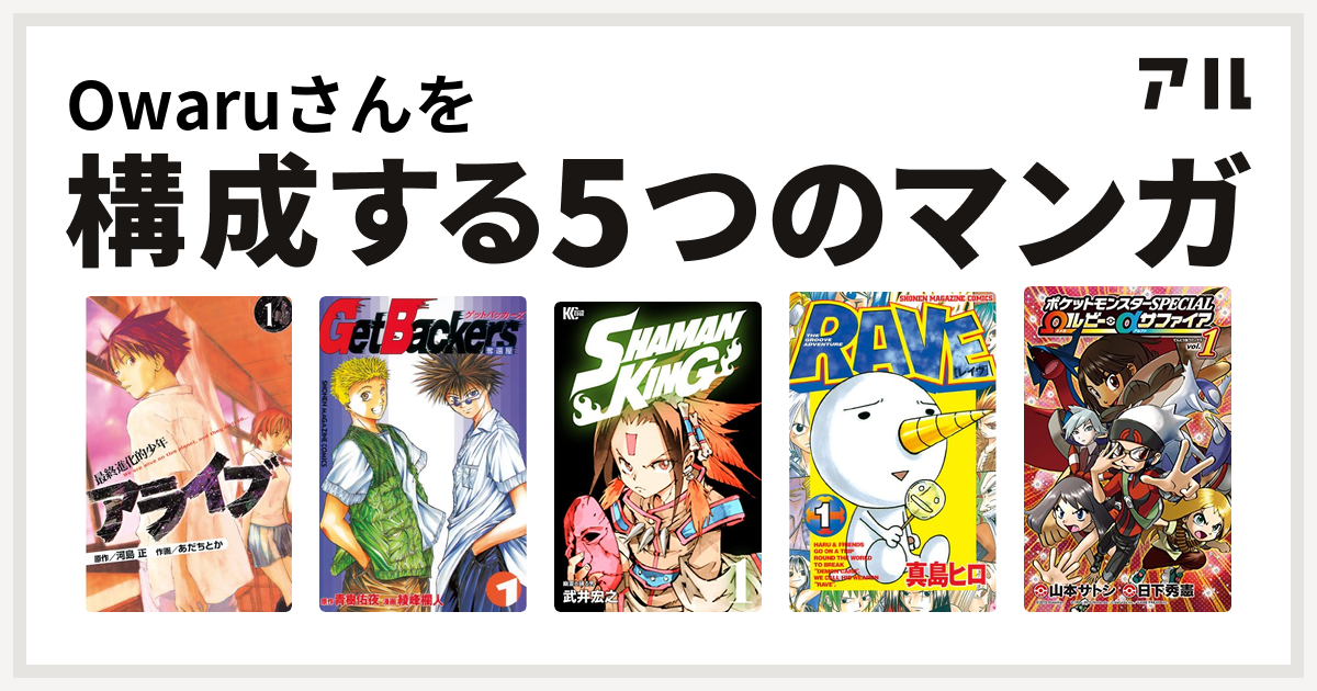 Owaruさんを構成するマンガはアライブ 最終進化的少年 Getbackers 奪還屋 Shaman King シャーマンキング Rave ポケットモンスターspecial Wルビー Aサファイア 私を構成する5つのマンガ アル