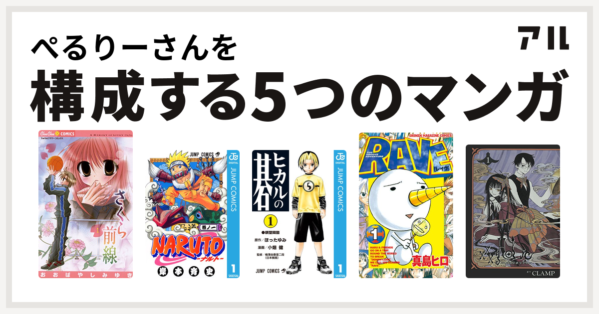 ぺるりーさんを構成するマンガはさくら前線 Naruto ナルト ヒカルの碁 Rave Holic 私を構成する5つのマンガ アル