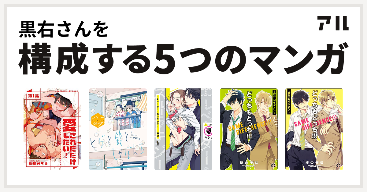 黒右さんを構成するマンガは愛されただけ愛したい ヒゲと鈴としゃぼん玉 エレベーター ストラテジー どっちもどっち 厄介なイケメン どっちもどっち 第三のイケメン 私を構成する5つのマンガ アル