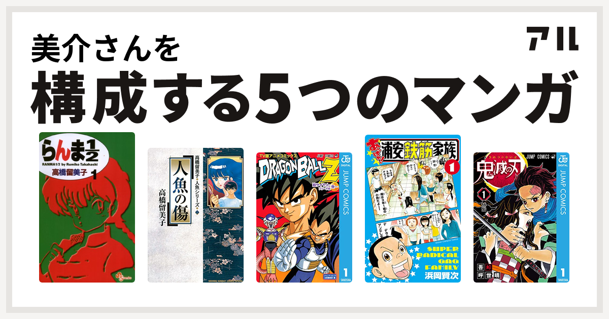 美介さんを構成するマンガはらんま1 2 人魚の傷 ドラゴンボールz アニメコミックス 超サイヤ人 フリーザ編 あっぱれ 浦安鉄筋家族 鬼滅の刃 私を 構成する5つのマンガ アル