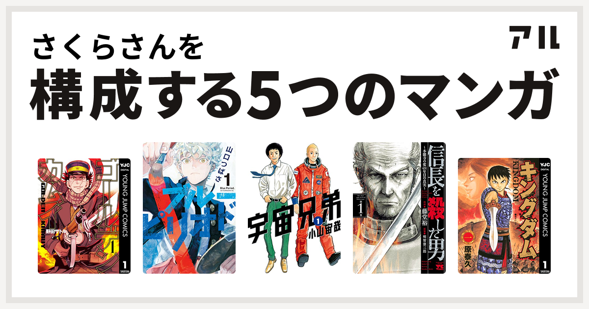 さくらさんを構成するマンガはゴールデンカムイ ブルーピリオド 宇宙兄弟 信長を殺した男 本能寺の変 431年目の真実 キングダム 私を構成する5つのマンガ アル