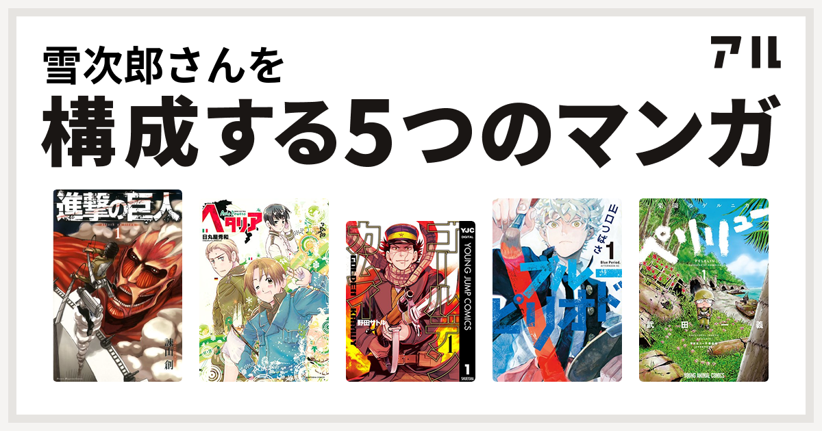 雪次郎さんを構成するマンガは進撃の巨人 ヘタリア Axis Powers ゴールデンカムイ ブルーピリオド ペリリュー 楽園のゲルニカ 私を構成する5つのマンガ アル