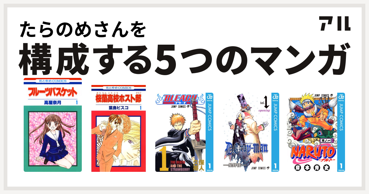 たらのめさんを構成するマンガはフルーツバスケット
桜蘭高校ホスト部
BLEACH
D.Gray-man
NARUTO-ナルト-！