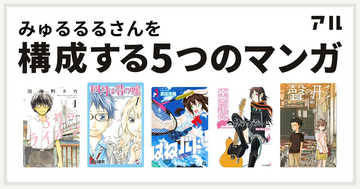 みゅるるるさんを構成するマンガは3月のライオン 四月は君の嘘 はねバド 夜桜四重奏 ヨザクラカルテット 聲の形 私を構成する5つのマンガ アル