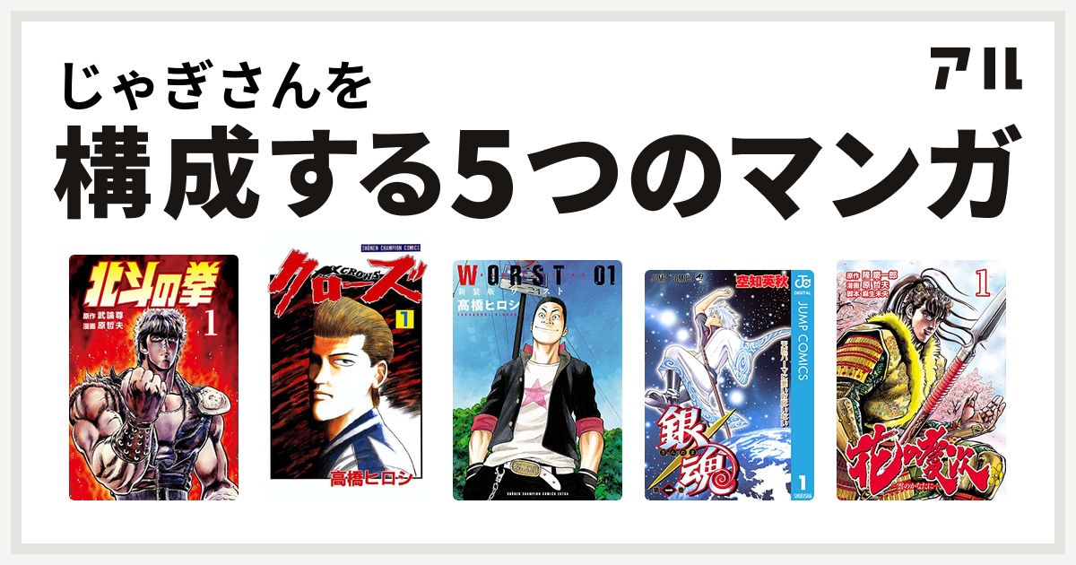 じゃぎさんを構成するマンガは北斗の拳 クローズ Worst 銀魂 花の慶次 雲のかなたに 私を構成する5つのマンガ アル