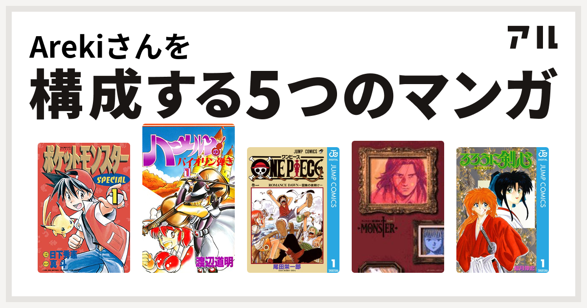 Arekiさんを構成するマンガはポケットモンスタースペシャル ハーメルンのバイオリン弾き One Piece Monster るろうに剣心 明治剣客浪漫譚 私を構成する5つのマンガ アル