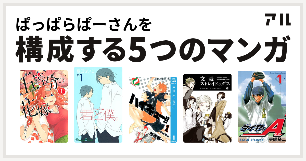 ぱっぱらぱーさんを構成するマンガは五等分の花嫁 君と僕 ハイキュー 文豪ストレイドッグス ダイヤのa 私を構成する5つのマンガ アル