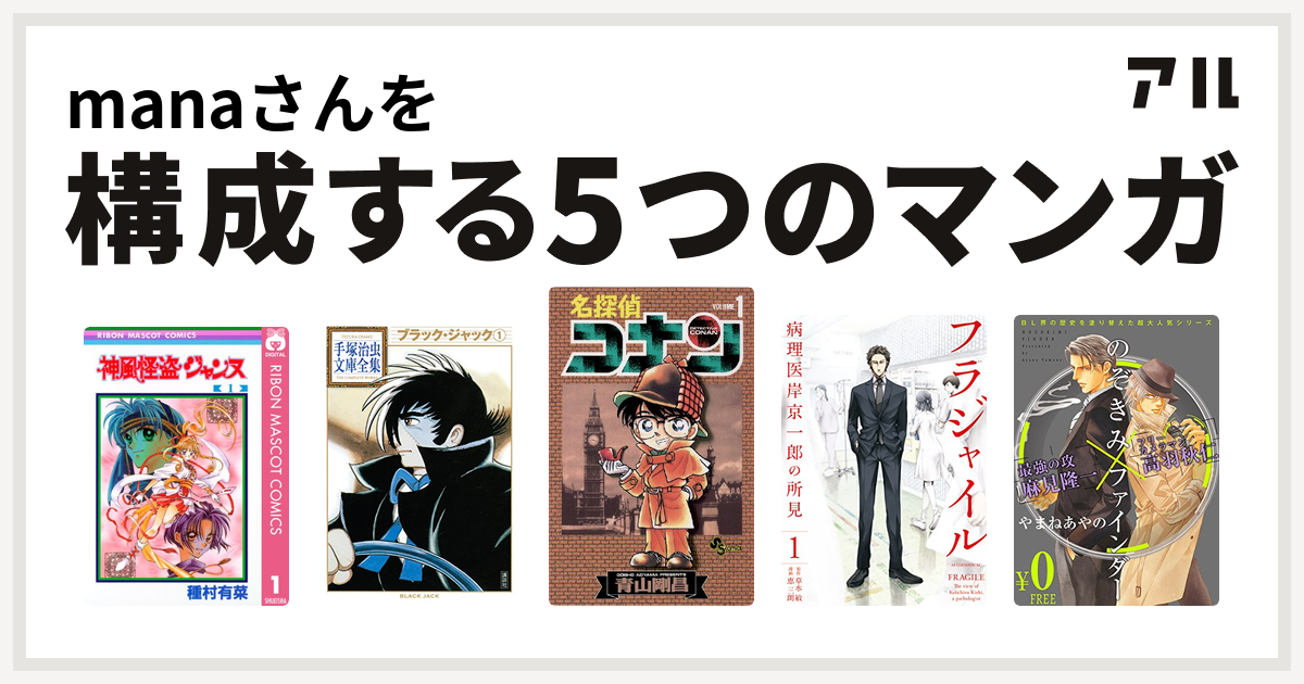 Manaさんを構成するマンガは神風怪盗ジャンヌ ブラック ジャック 名探偵コナン フラジャイル 病理医岸京一郎の所見 ファインダーの標的シリーズ のぞきみファインダー 私を構成する5つのマンガ アル