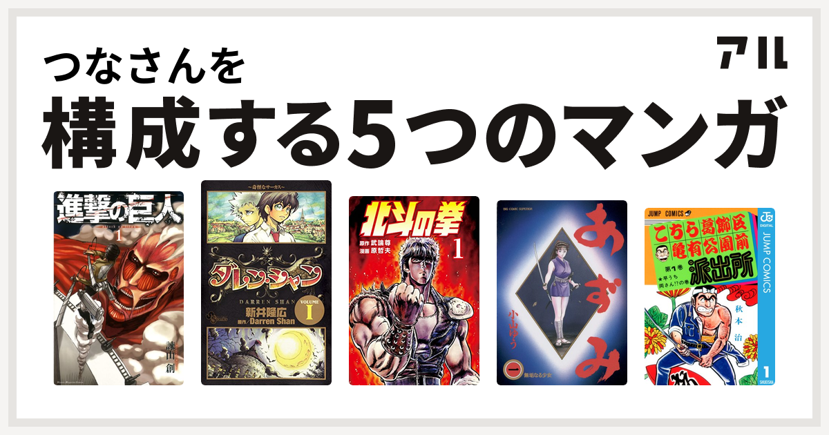 つなさんを構成するマンガは進撃の巨人 ダレン シャン 北斗の拳 あずみ こちら葛飾区亀有公園前派出所 私を構成する5つのマンガ アル