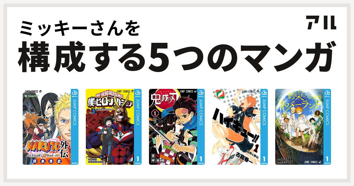 ミッキーさんを構成するマンガはnaruto ナルト 外伝 七代目火影と緋色の花つ月 僕のヒーローアカデミア 鬼滅の刃 ハイキュー 約束のネバーランド 私を構成する5つのマンガ アル