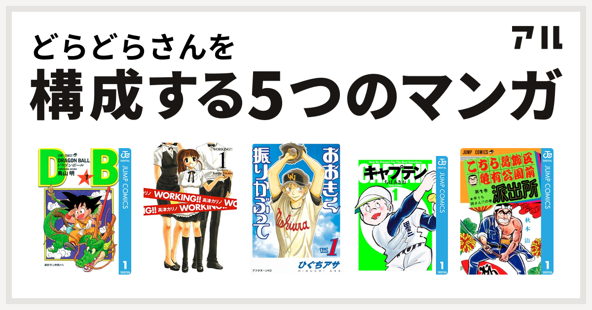 どらどらさんを構成するマンガはドラゴンボール Working おおきく振りかぶって キャプテン こちら葛飾区亀有公園前派出所 私を構成する5つのマンガ アル