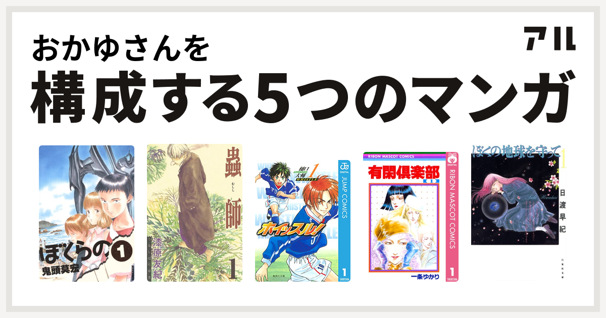 おかゆさんを構成するマンガはぼくらの 蟲師 ホイッスル 有閑倶楽部 ぼくの地球を守って 私を構成する5つのマンガ アル