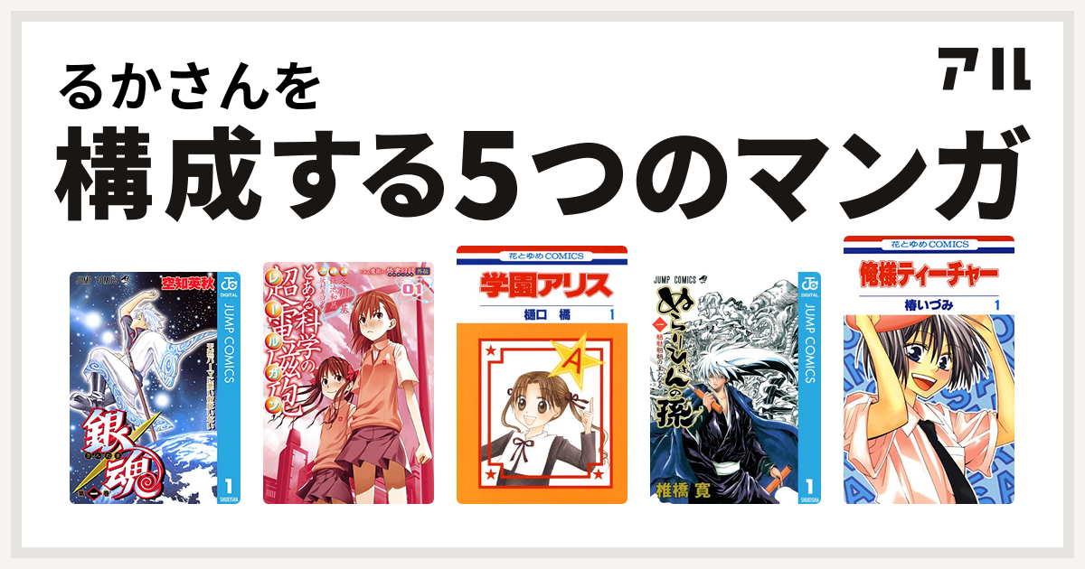 るかさんを構成するマンガは銀魂 とある科学の超電磁砲 学園アリス