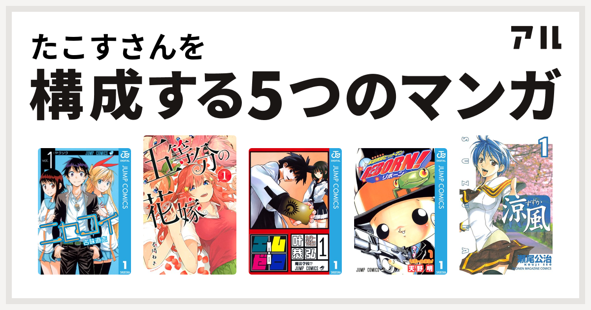 たこすさんを構成するマンガはニセコイ 五等分の花嫁 エム ゼロ 家庭教師ヒットマンreborn 涼風 私を構成する5つのマンガ アル