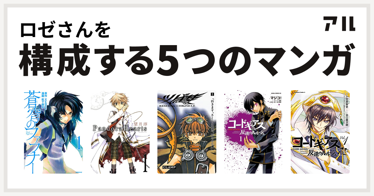 ロゼさんを構成するマンガは蒼穹のファフナー Pandorahearts ツバサ Reservoir Chronicle コードギアス 反逆のルルーシュ コードギアス 反逆のルルーシュ Re 私を構成する5つのマンガ アル