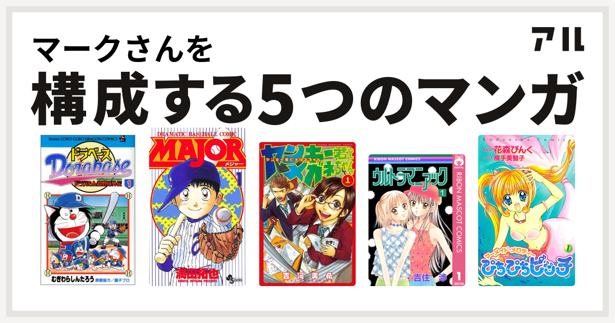 マークさんを構成するマンガはドラベース ドラえもん超野球 スーパーベースボール 外伝 Major ヤンキー君とメガネちゃん ウルトラマニアック ぴちぴちピッチ 私を構成する5つのマンガ アル