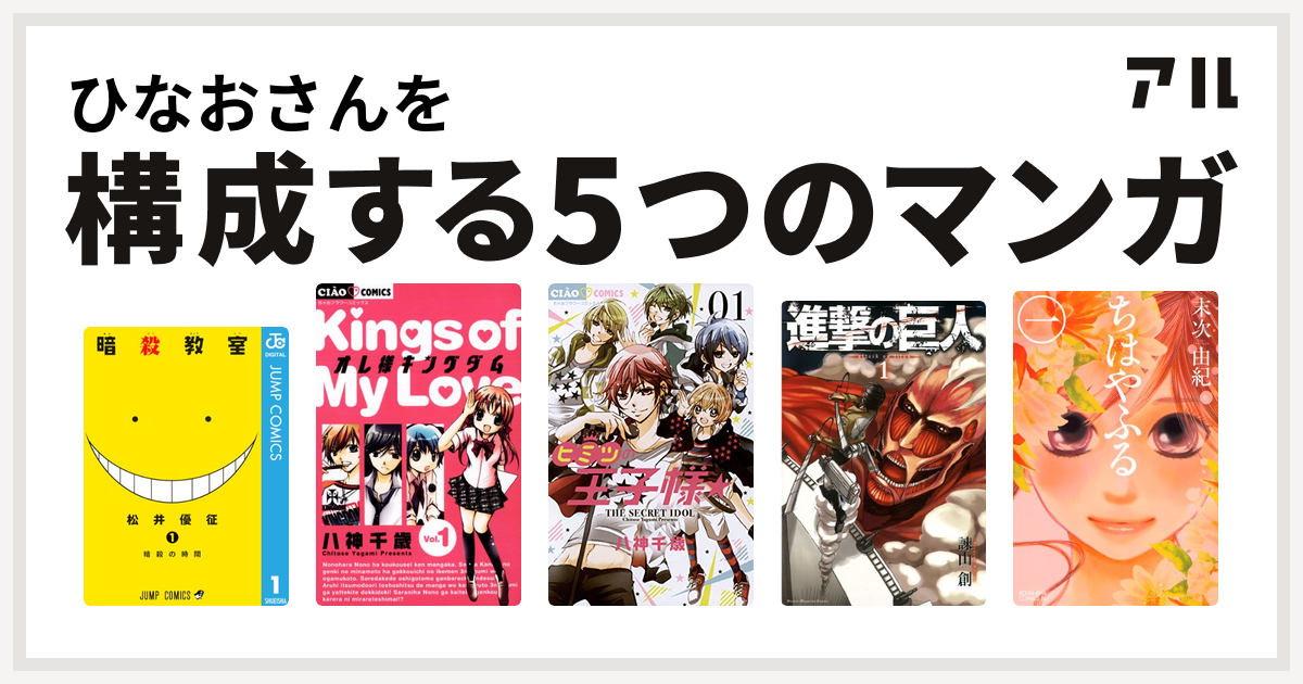 ひなおさんを構成するマンガは暗殺教室 オレ様キングダム ヒミツの王子様 進撃の巨人 ちはやふる 私を構成する5つのマンガ アル