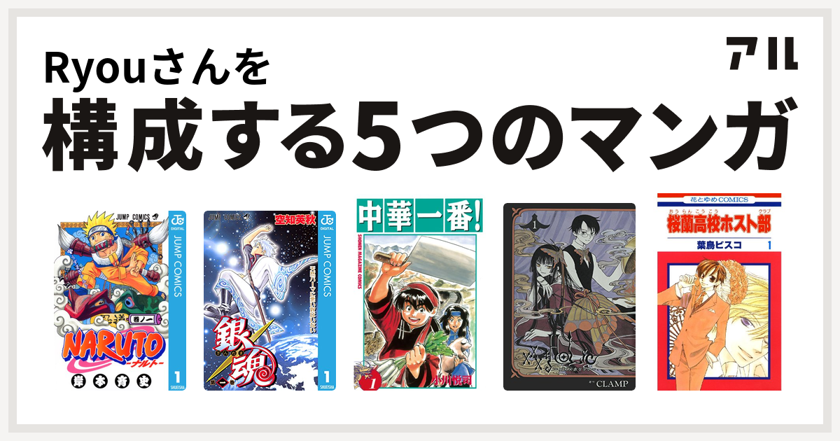 Ryouさんを構成するマンガはnaruto ナルト 銀魂 中華一番 Xxxholic 桜蘭高校ホスト部 私を構成する5つのマンガ アル