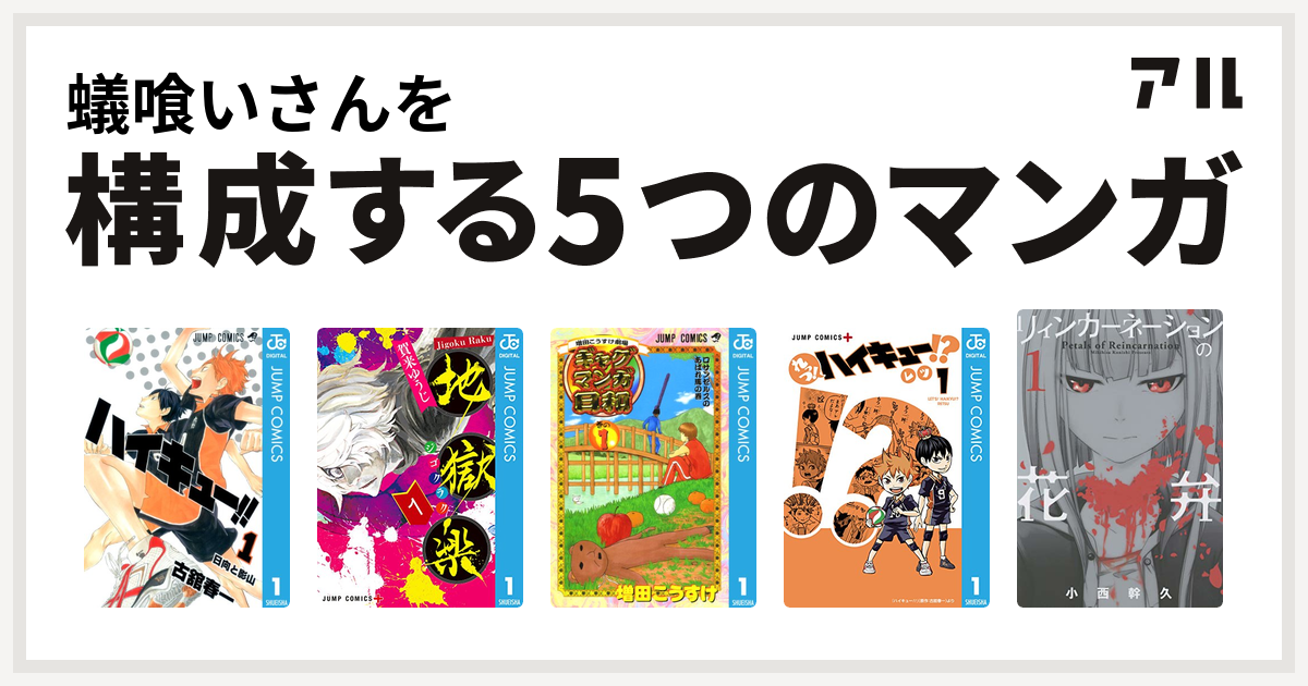 蟻喰いさんを構成するマンガはハイキュー 地獄楽 増田こうすけ劇場 ギャグマンガ日和 れっつ ハイキュー リィンカーネーションの花弁 私を構成する5つのマンガ アル