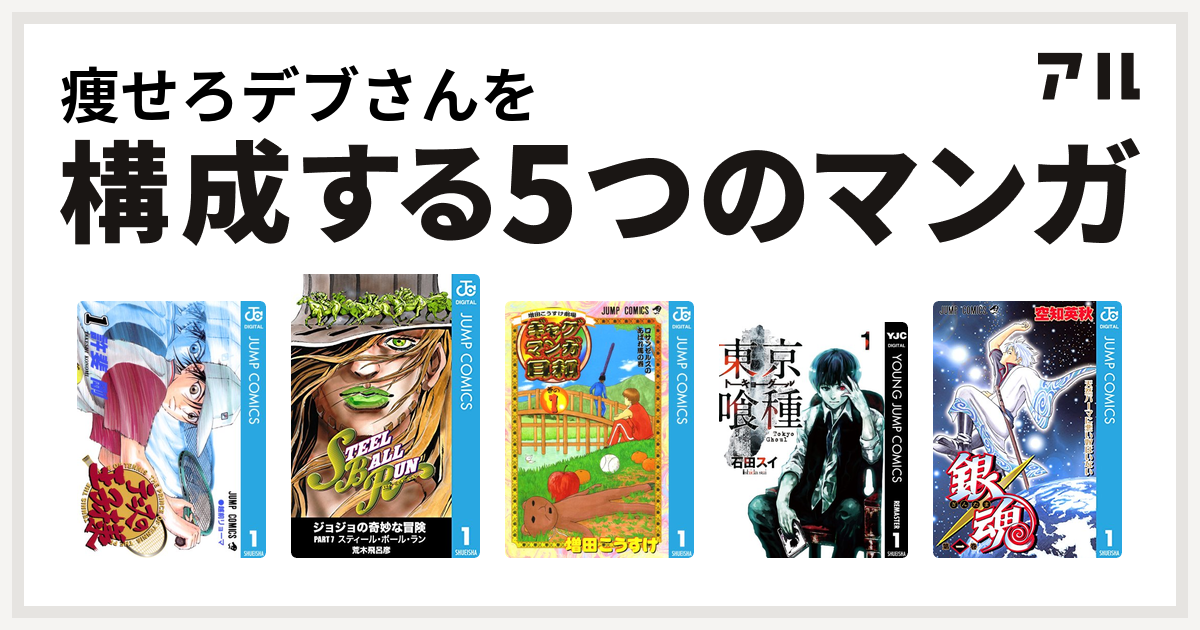 痩せろデブさんを構成するマンガはテニスの王子様 ジョジョの奇妙な冒険 第7部 増田こうすけ劇場 ギャグマンガ日和 東京喰種トーキョーグール 銀魂 私を構成する5つのマンガ アル