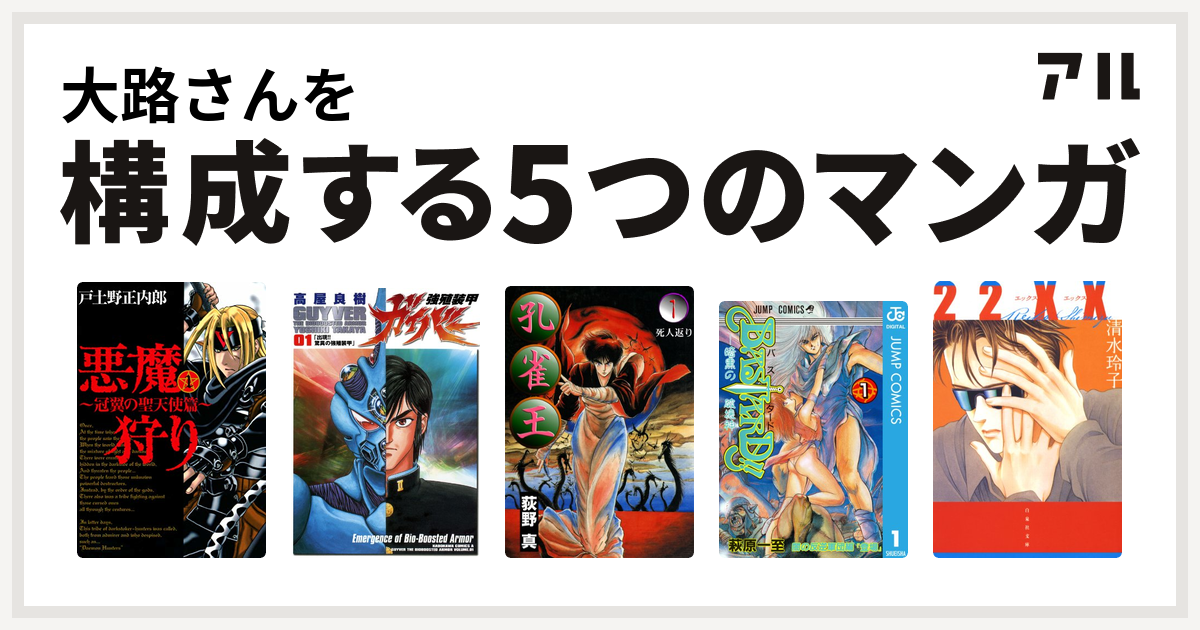 大路さんを構成するマンガは悪魔狩り 冠翼の聖天使篇 強殖装甲ガイバー 孔雀王 Bastard 暗黒の破壊神 22xx 私を構成する5つのマンガ アル