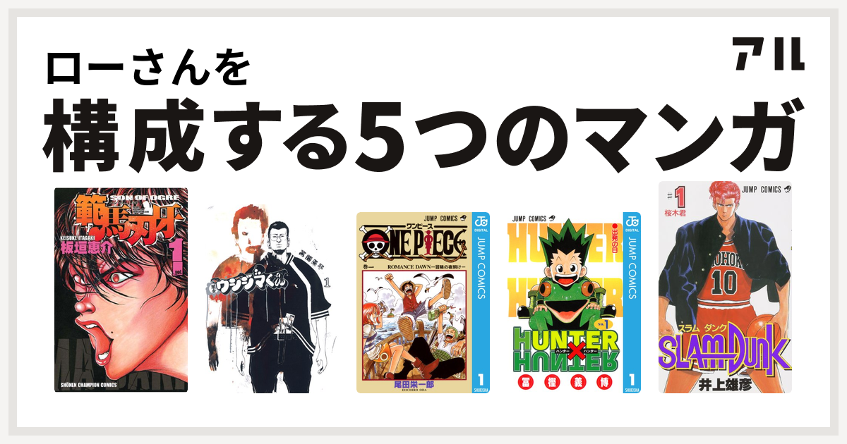 ローさんを構成するマンガは範馬刃牙 闇金ウシジマくん One Piece Hunter Hunter Slam Dunk スラムダンク 私を構成する5つのマンガ アル