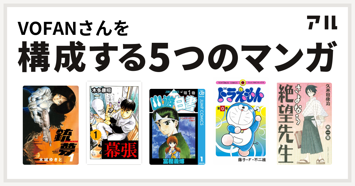 Vofanさんを構成するマンガは銃夢 幕張 幽遊白書 ドラえもん さよなら絶望先生 私を構成する5つのマンガ アル